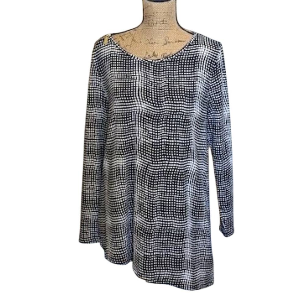 Chaus New York Women Sz L Black & White Check Asymmetrical Hem Collar Zip Tunic